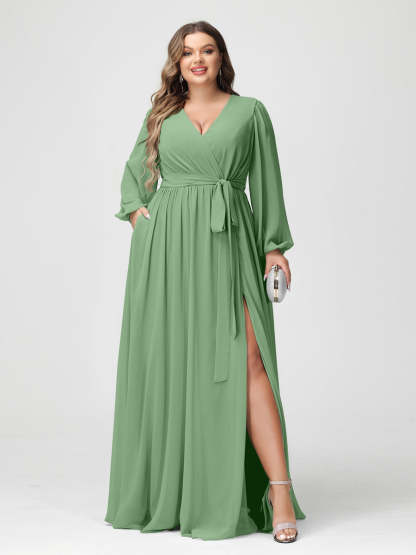 Plus Size Chiffon Bridesmaid Dresses with Pockets – A-Line/Princess V-Neck Long Sleeves