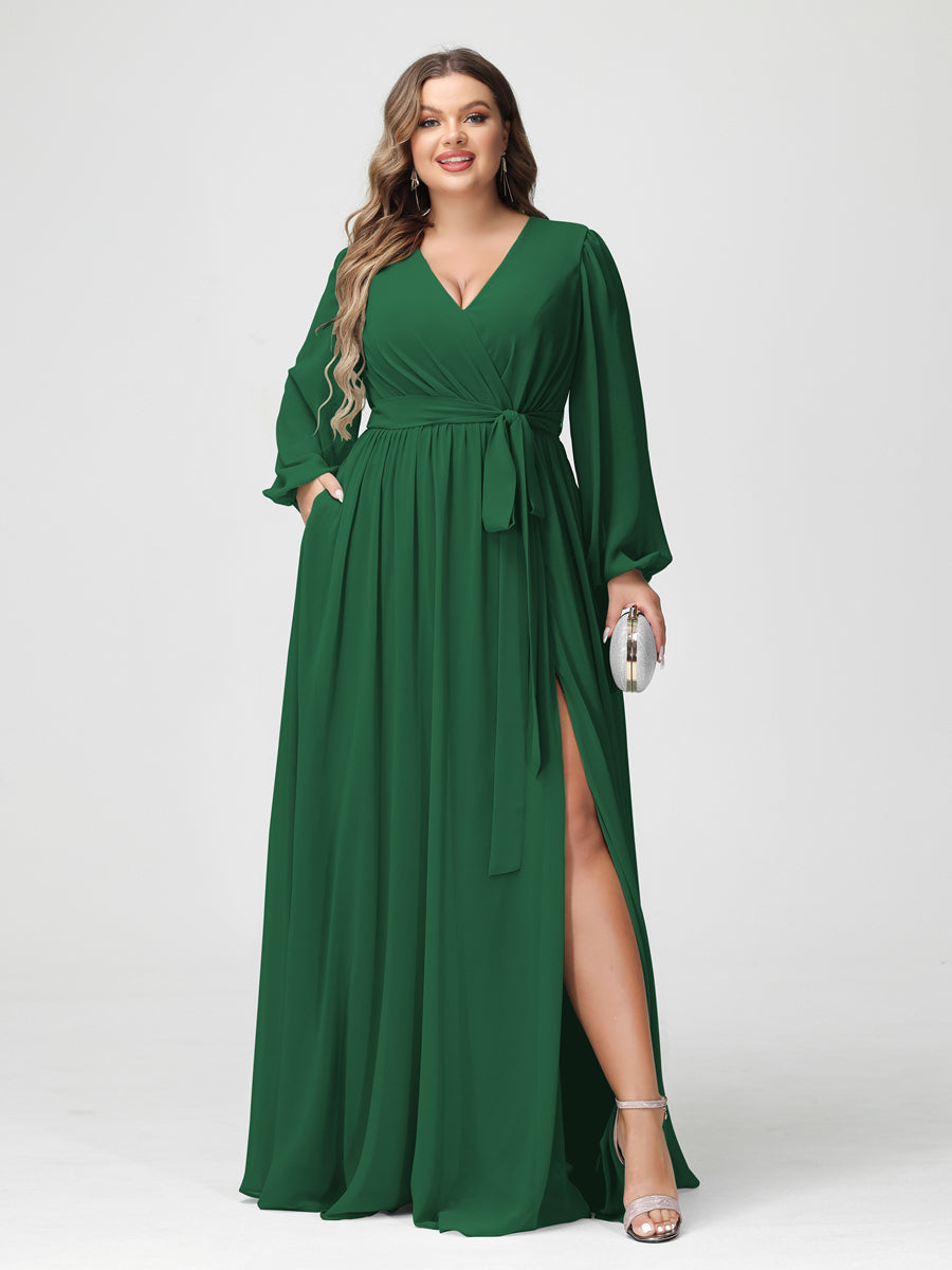 Plus Size Chiffon Bridesmaid Dresses with Pockets – A-Line/Princess V-Neck Long Sleeves