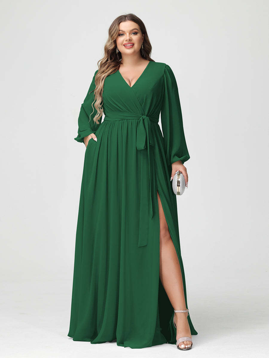 Plus Size Chiffon Bridesmaid Dresses with Pockets – A-Line/Princess V-Neck Long Sleeves