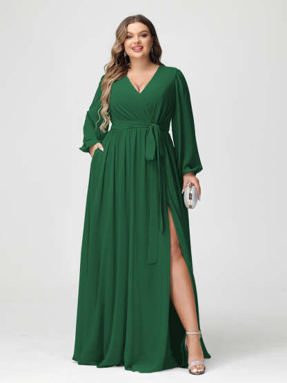 Plus Size Chiffon Bridesmaid Dresses with Pockets – A-Line/Princess V-Neck Long Sleeves
