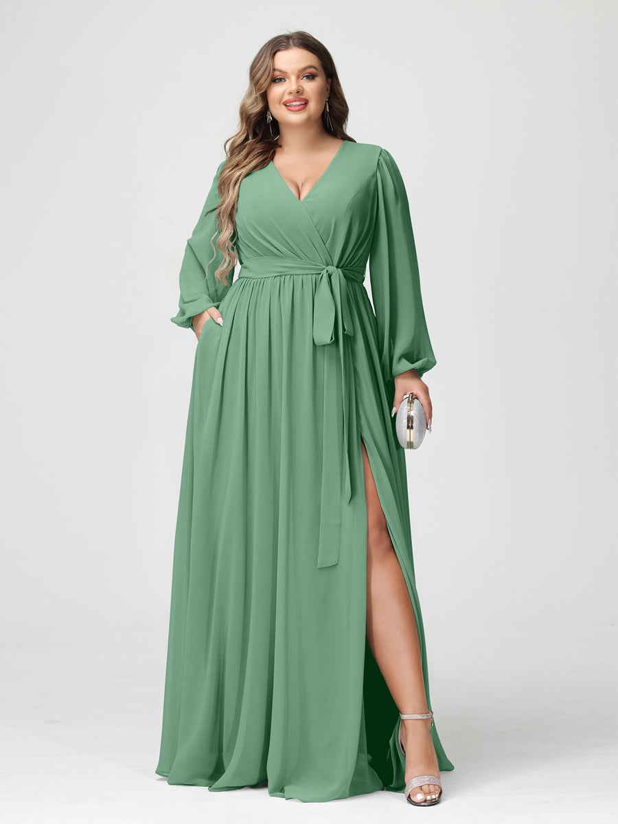 Plus Size Chiffon Bridesmaid Dresses with Pockets – A-Line/Princess V-Neck Long Sleeves
