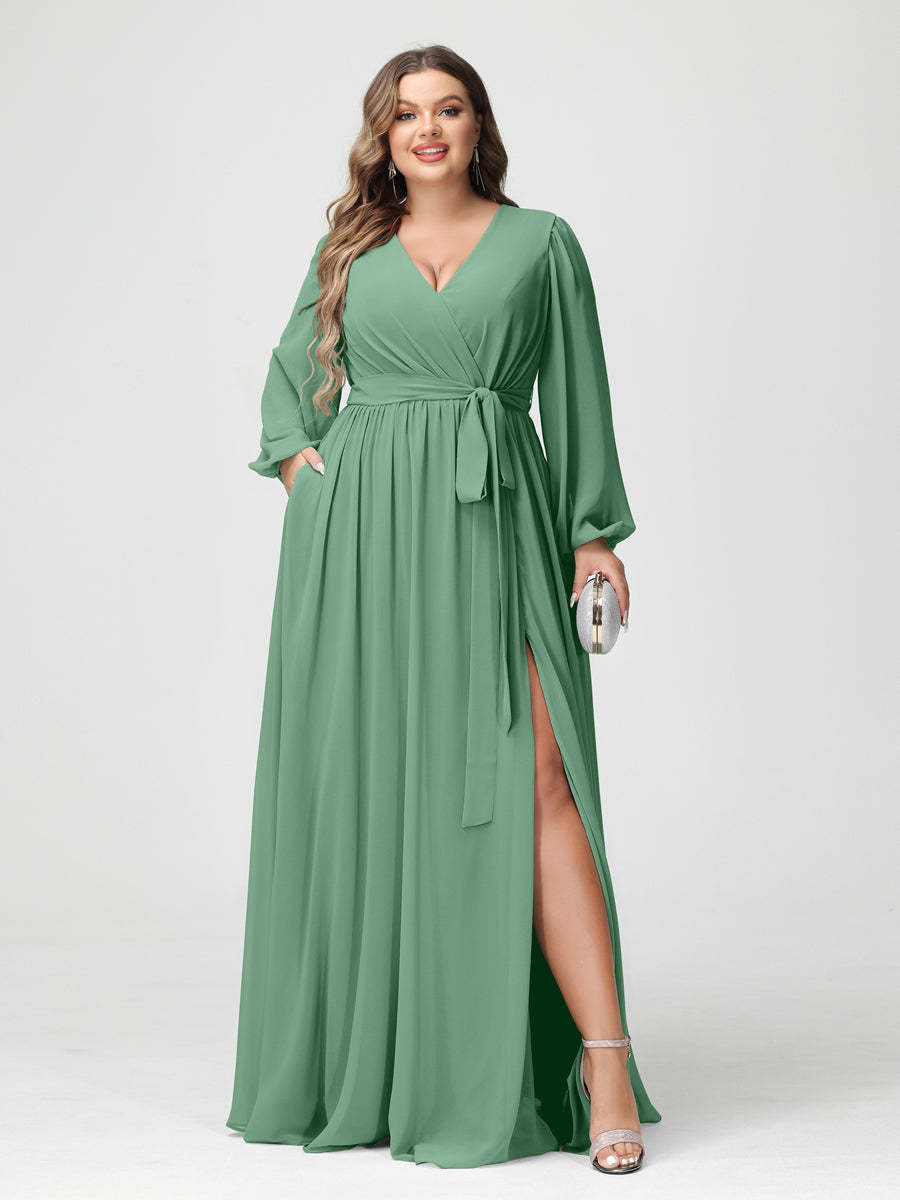 Plus Size Chiffon Bridesmaid Dresses with Pockets – A-Line/Princess V-Neck Long Sleeves