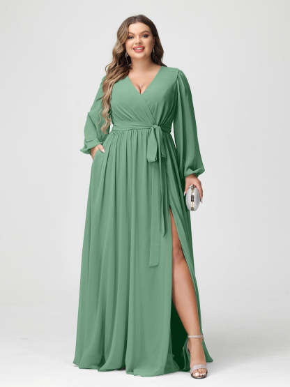 Plus Size Chiffon Bridesmaid Dresses with Pockets – A-Line/Princess V-Neck Long Sleeves