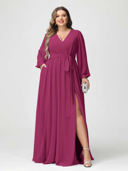 Plus Size Chiffon Bridesmaid Dresses with Pockets – A-Line/Princess V-Neck Long Sleeves