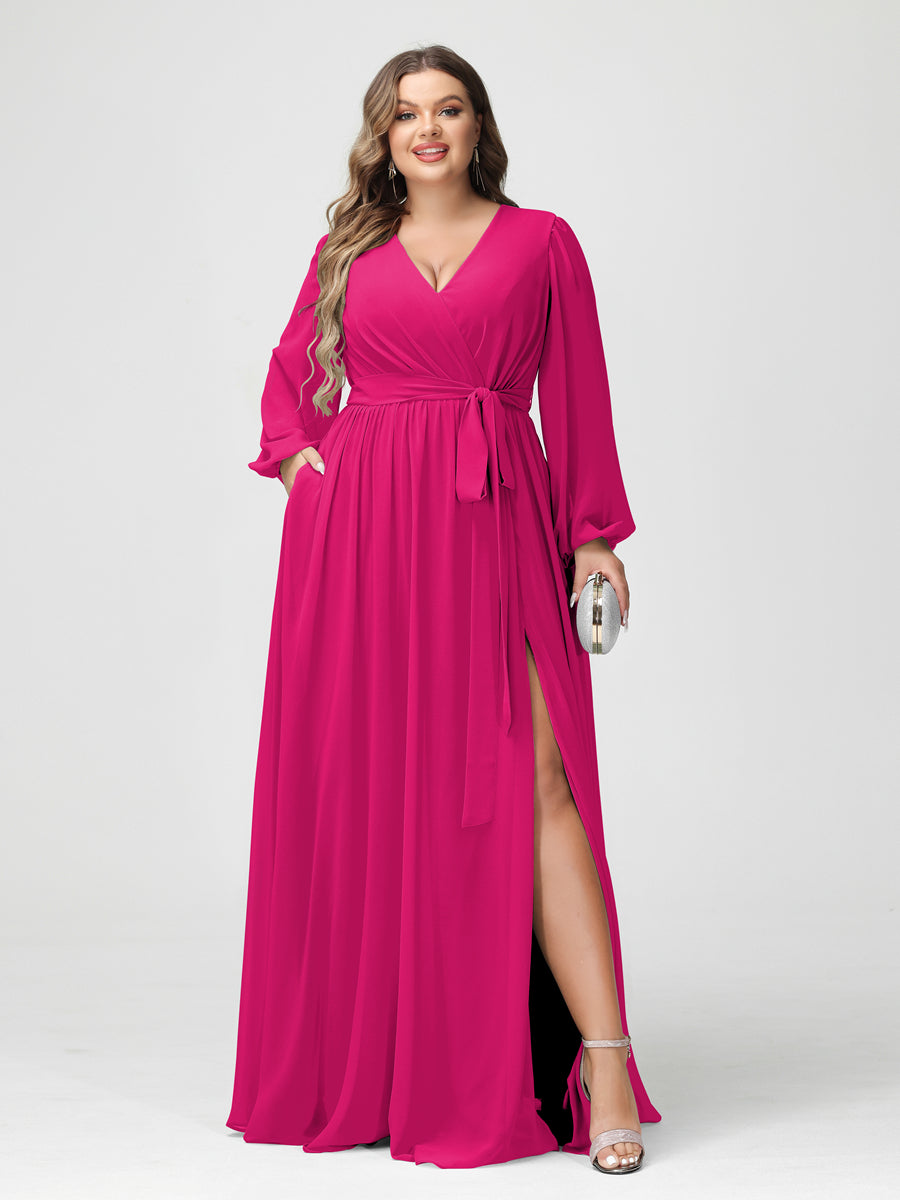 Plus Size Chiffon Bridesmaid Dresses with Pockets – A-Line/Princess V-Neck Long Sleeves