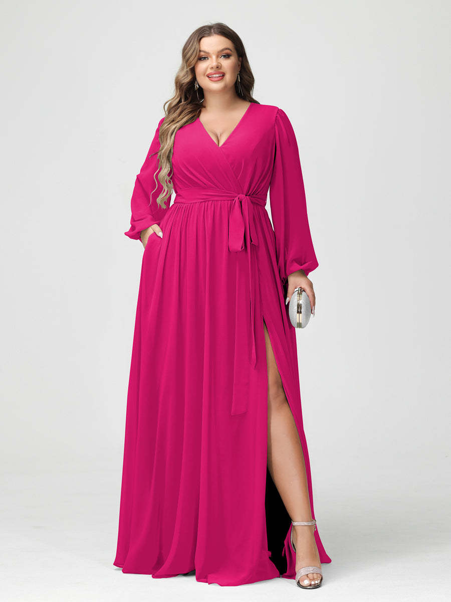 Plus Size Chiffon Bridesmaid Dresses with Pockets – A-Line/Princess V-Neck Long Sleeves