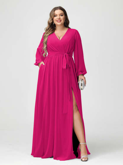 Plus Size Chiffon Bridesmaid Dresses with Pockets – A-Line/Princess V-Neck Long Sleeves