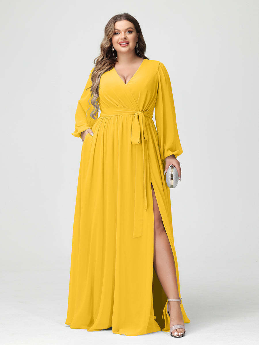 Plus Size Chiffon Bridesmaid Dresses with Pockets – A-Line/Princess V-Neck Long Sleeves