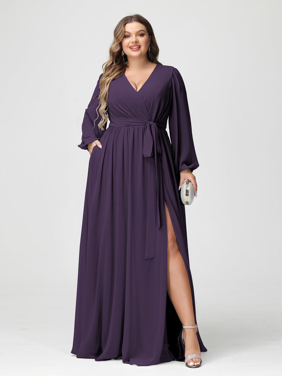 Plus Size Chiffon Bridesmaid Dresses with Pockets – A-Line/Princess V-Neck Long Sleeves