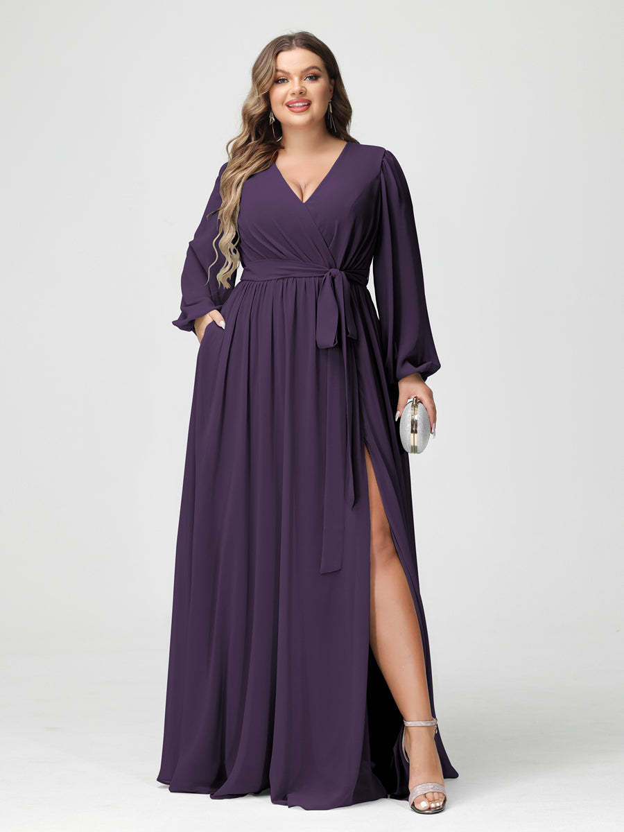 Plus Size Chiffon Bridesmaid Dresses with Pockets – A-Line/Princess V-Neck Long Sleeves