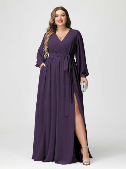 Plus Size Chiffon Bridesmaid Dresses with Pockets – A-Line/Princess V-Neck Long Sleeves