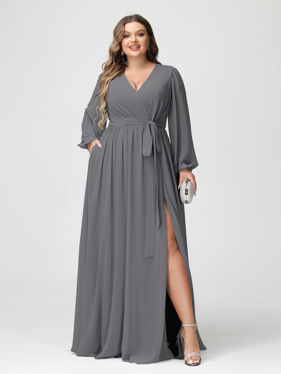 Plus Size Chiffon Bridesmaid Dresses with Pockets – A-Line/Princess V-Neck Long Sleeves