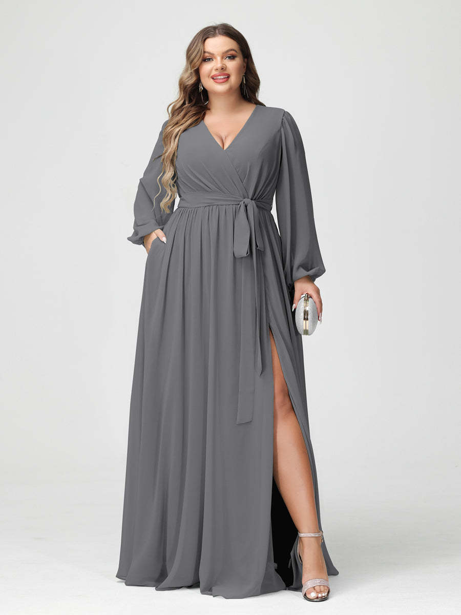 Plus Size Chiffon Bridesmaid Dresses with Pockets – A-Line/Princess V-Neck Long Sleeves