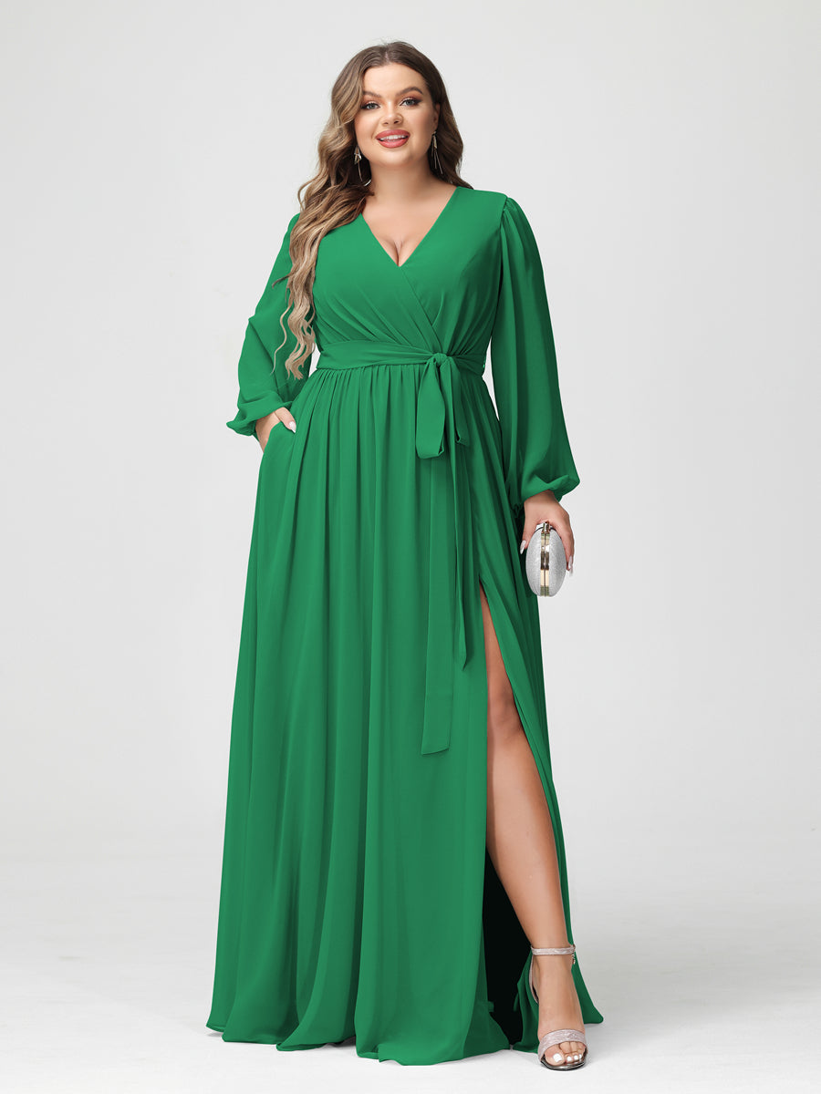 Plus Size Chiffon Bridesmaid Dresses with Pockets – A-Line/Princess V-Neck Long Sleeves