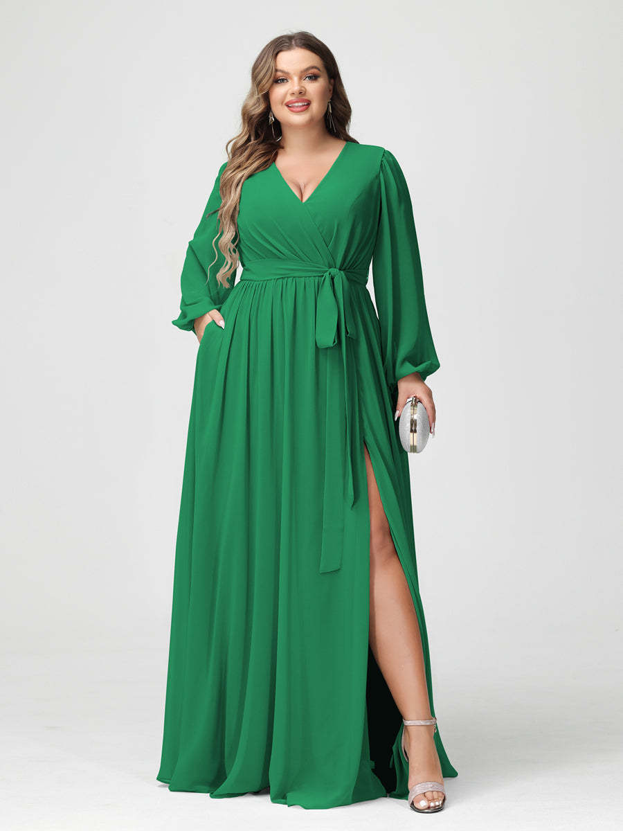Plus Size Chiffon Bridesmaid Dresses with Pockets – A-Line/Princess V-Neck Long Sleeves