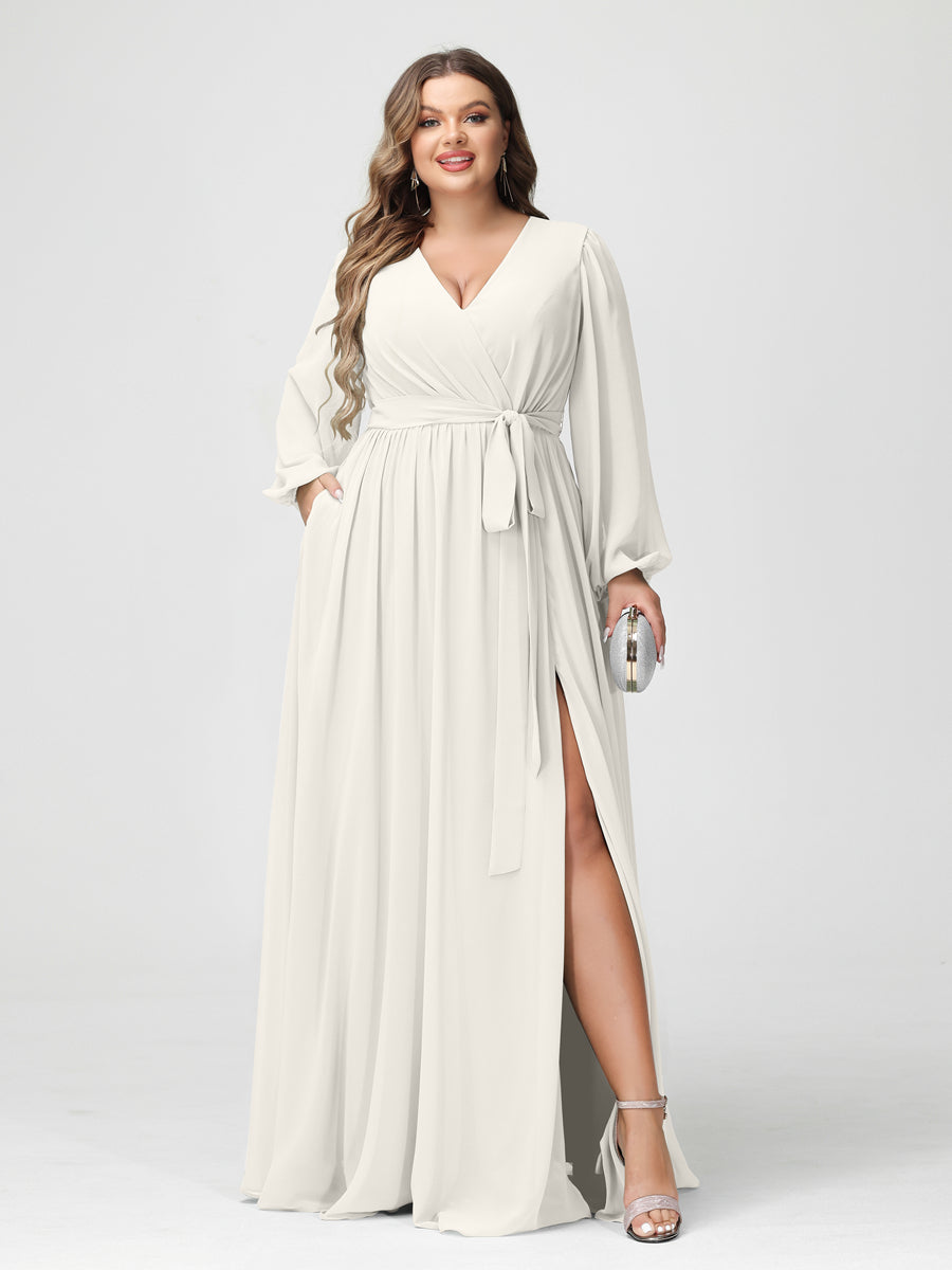 Plus Size Chiffon Bridesmaid Dresses with Pockets – A-Line/Princess V-Neck Long Sleeves