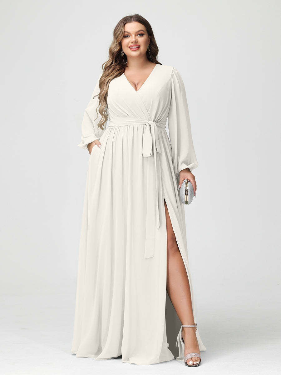 Plus Size Chiffon Bridesmaid Dresses with Pockets – A-Line/Princess V-Neck Long Sleeves
