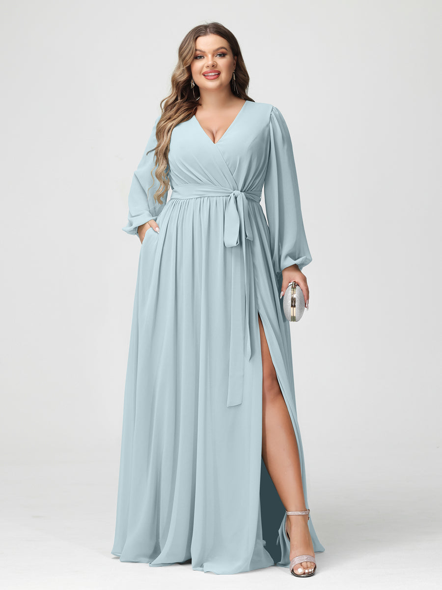Plus Size Chiffon Bridesmaid Dresses with Pockets – A-Line/Princess V-Neck Long Sleeves