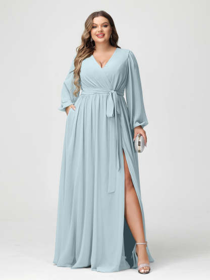 Plus Size Chiffon Bridesmaid Dresses with Pockets – A-Line/Princess V-Neck Long Sleeves