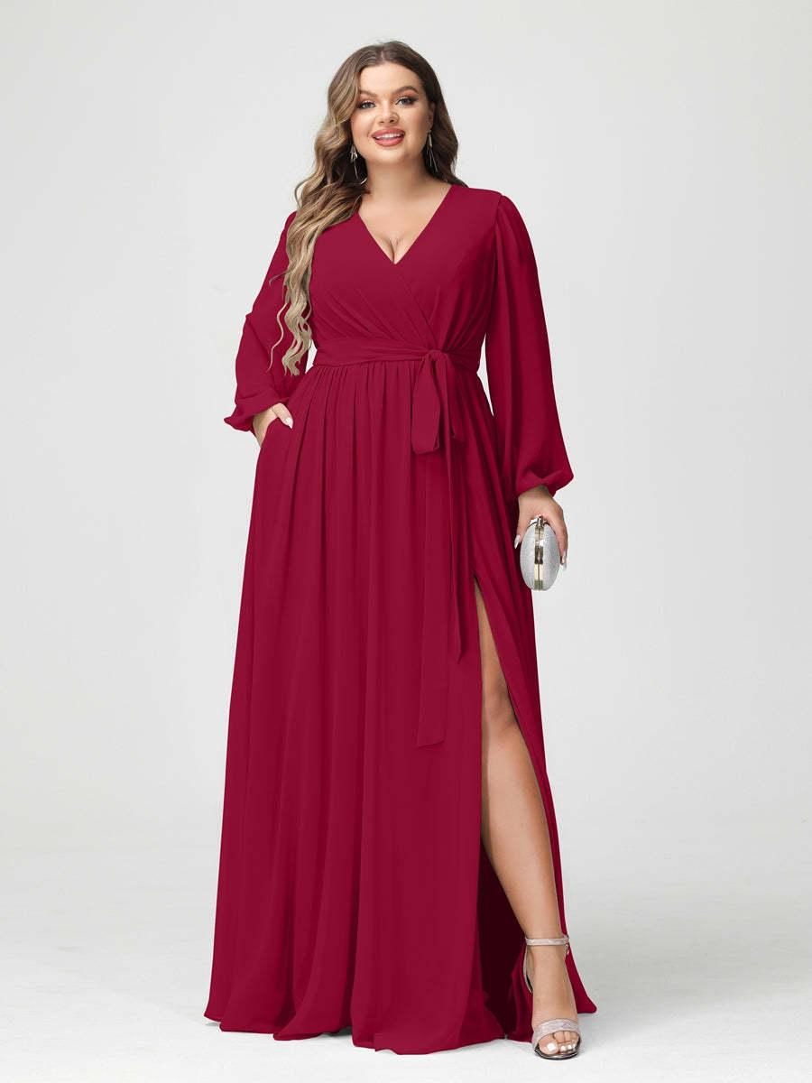 Plus Size Chiffon Bridesmaid Dresses with Pockets – A-Line/Princess V-Neck Long Sleeves