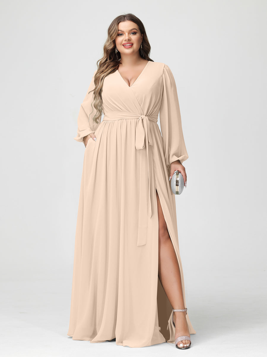 Plus Size Chiffon Bridesmaid Dresses with Pockets – A-Line/Princess V-Neck Long Sleeves