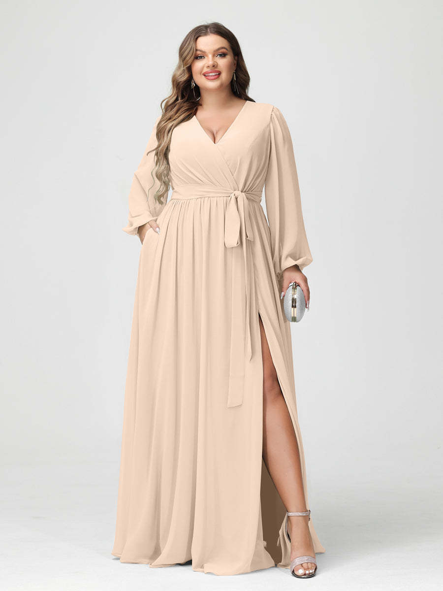 Plus Size Chiffon Bridesmaid Dresses with Pockets – A-Line/Princess V-Neck Long Sleeves