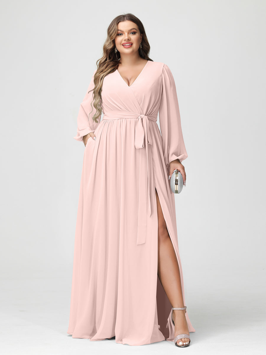 Plus Size Chiffon Bridesmaid Dresses with Pockets – A-Line/Princess V-Neck Long Sleeves