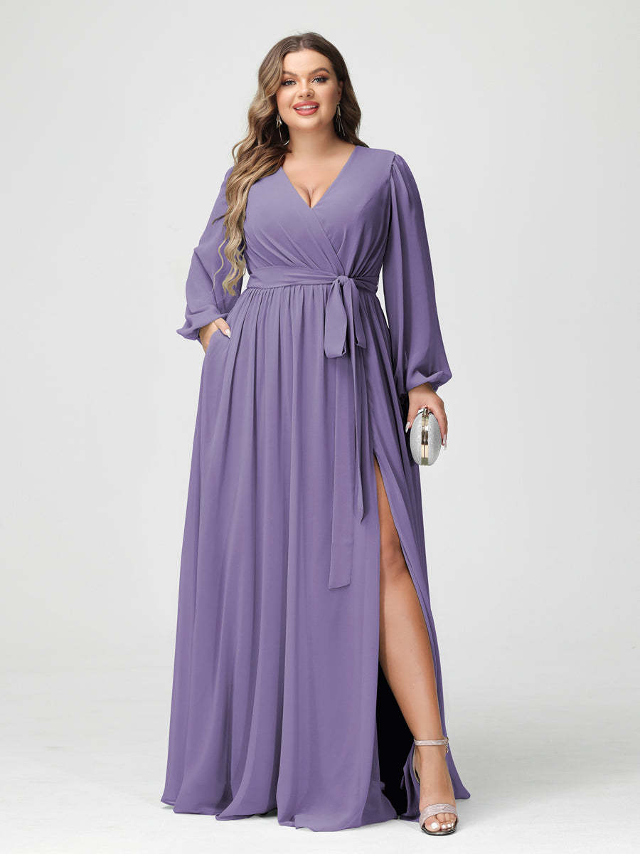 Plus Size Chiffon Bridesmaid Dresses with Pockets – A-Line/Princess V-Neck Long Sleeves