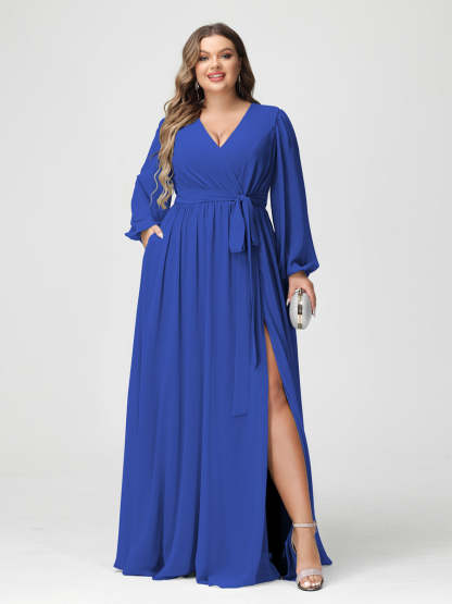 Plus Size Chiffon Bridesmaid Dresses with Pockets – A-Line/Princess V-Neck Long Sleeves