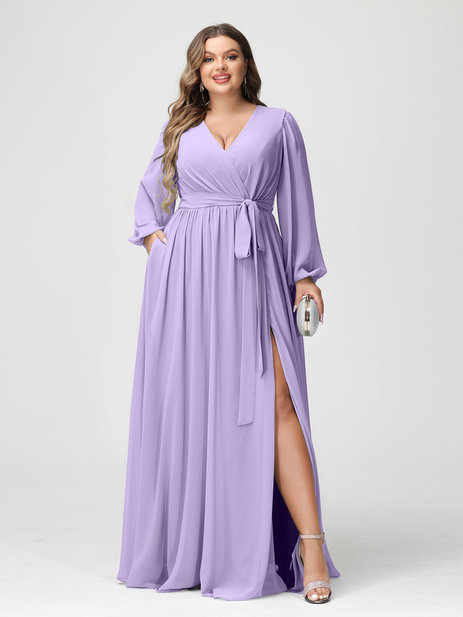 Plus Size Chiffon Bridesmaid Dresses with Pockets – A-Line/Princess V-Neck Long Sleeves