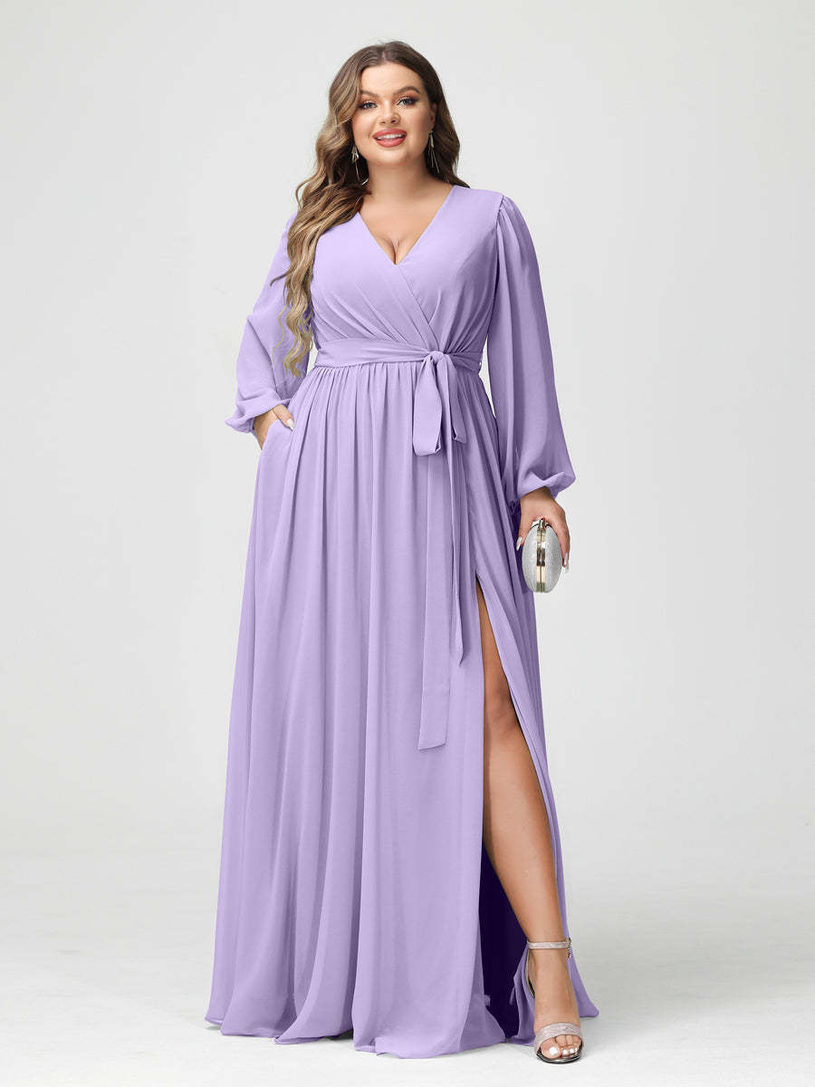Plus Size Chiffon Bridesmaid Dresses with Pockets – A-Line/Princess V-Neck Long Sleeves