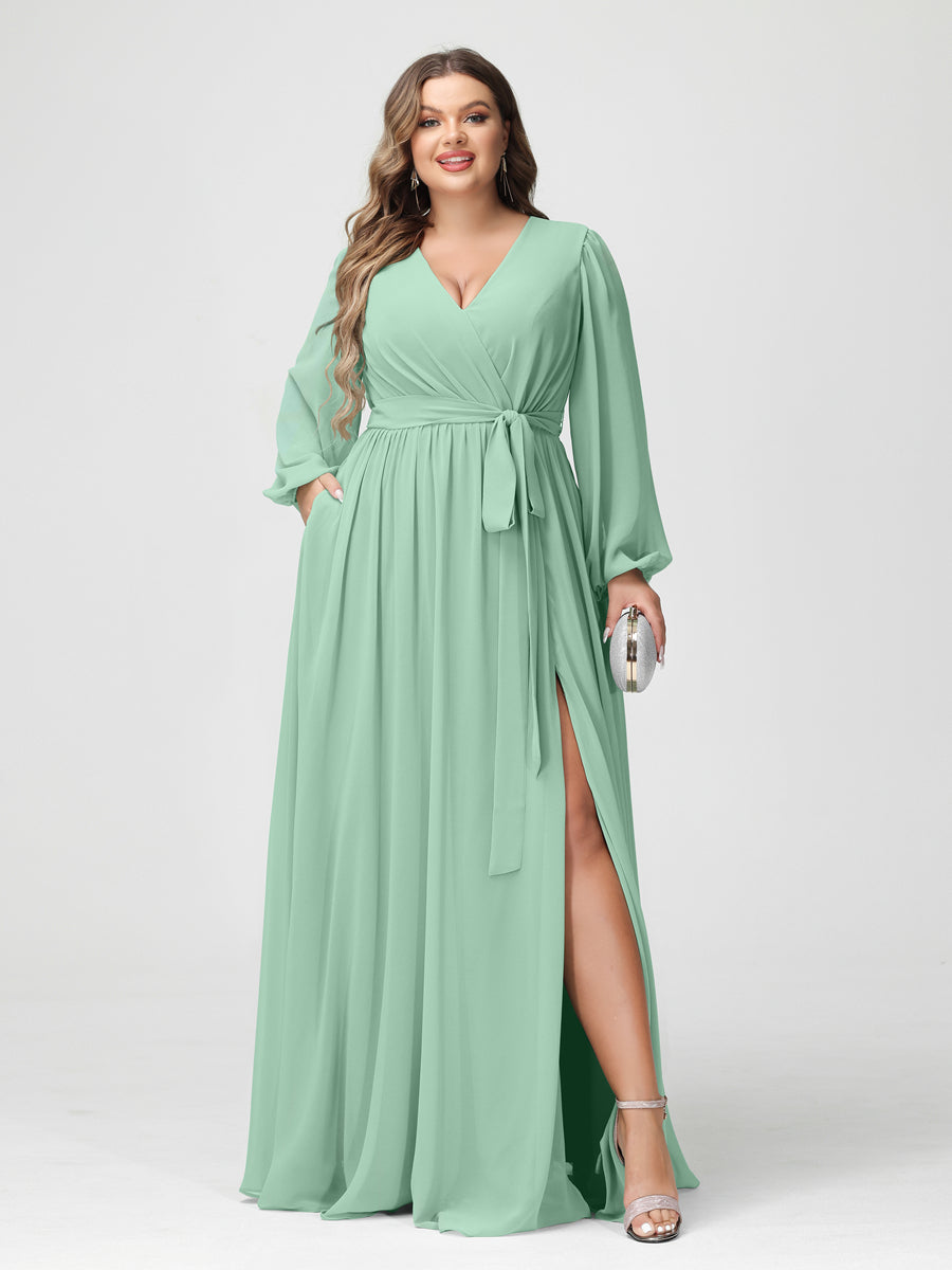 Plus Size Chiffon Bridesmaid Dresses with Pockets – A-Line/Princess V-Neck Long Sleeves