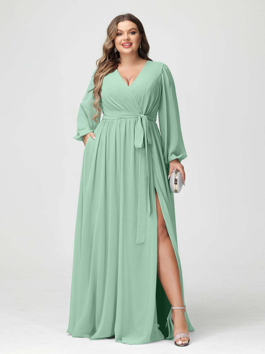 Plus Size Chiffon Bridesmaid Dresses with Pockets – A-Line/Princess V-Neck Long Sleeves