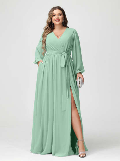 Plus Size Chiffon Bridesmaid Dresses with Pockets – A-Line/Princess V-Neck Long Sleeves