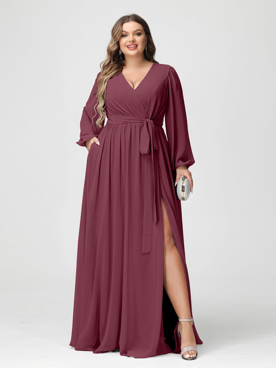 Plus Size Chiffon Bridesmaid Dresses with Pockets – A-Line/Princess V-Neck Long Sleeves