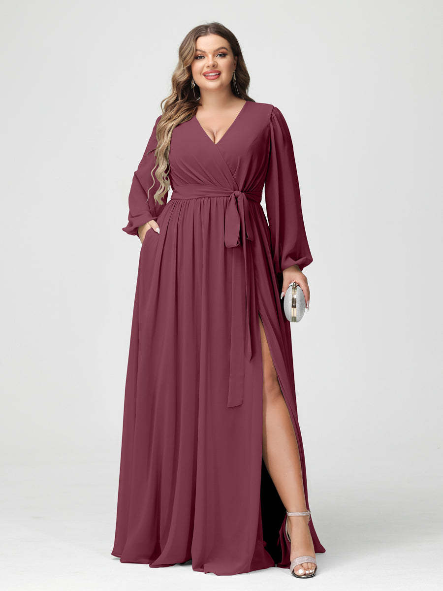 Plus Size Chiffon Bridesmaid Dresses with Pockets – A-Line/Princess V-Neck Long Sleeves