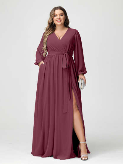 Plus Size Chiffon Bridesmaid Dresses with Pockets – A-Line/Princess V-Neck Long Sleeves