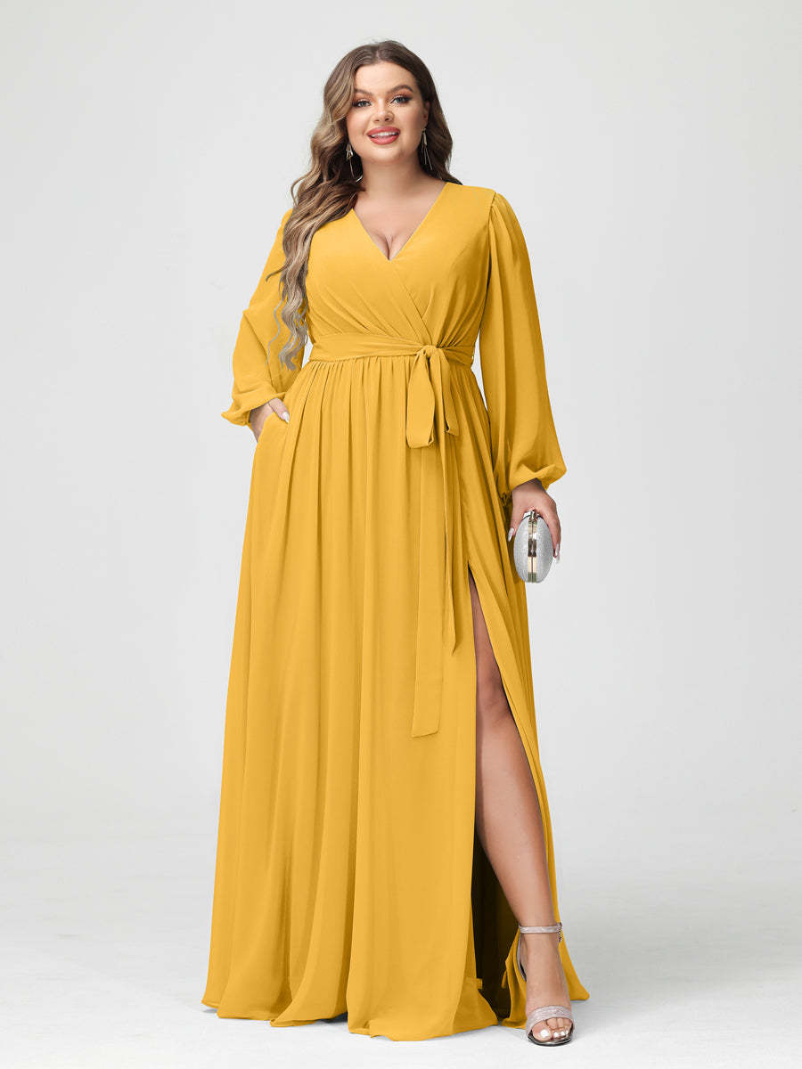 Plus Size Chiffon Bridesmaid Dresses with Pockets – A-Line/Princess V-Neck Long Sleeves