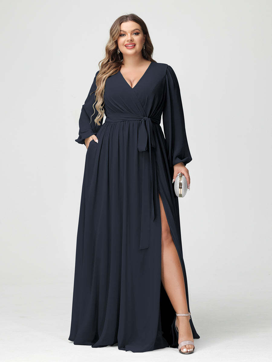Plus Size Chiffon Bridesmaid Dresses with Pockets – A-Line/Princess V-Neck Long Sleeves