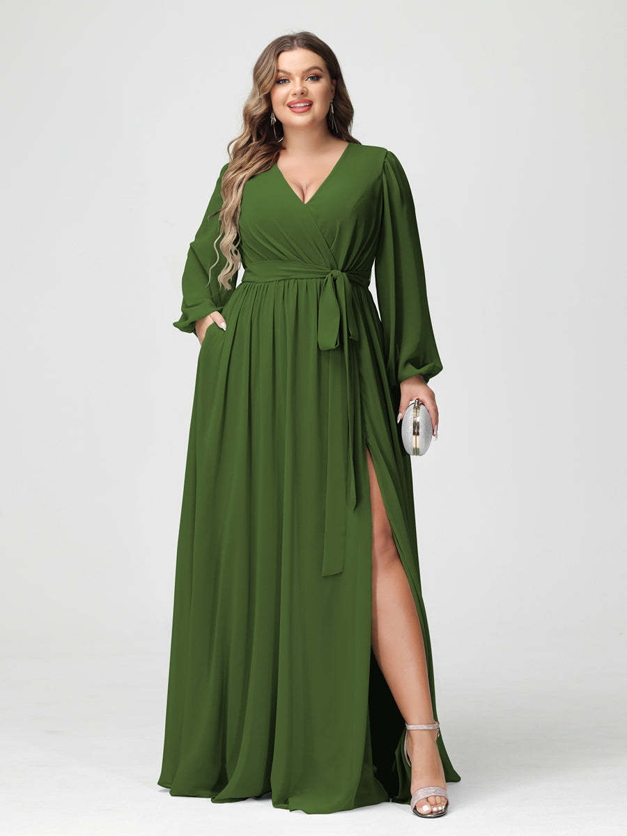 Plus Size Chiffon Bridesmaid Dresses with Pockets – A-Line/Princess V-Neck Long Sleeves