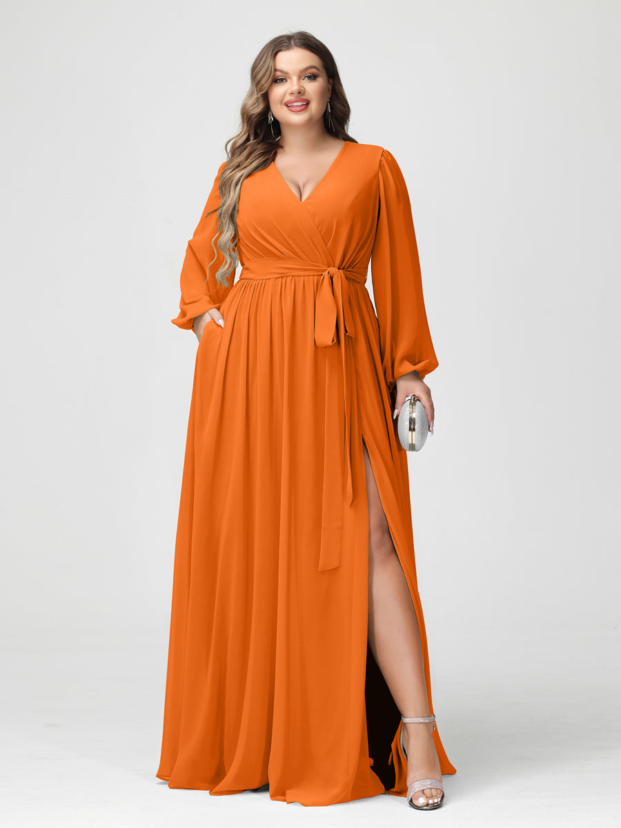 Plus Size Chiffon Bridesmaid Dresses with Pockets – A-Line/Princess V-Neck Long Sleeves