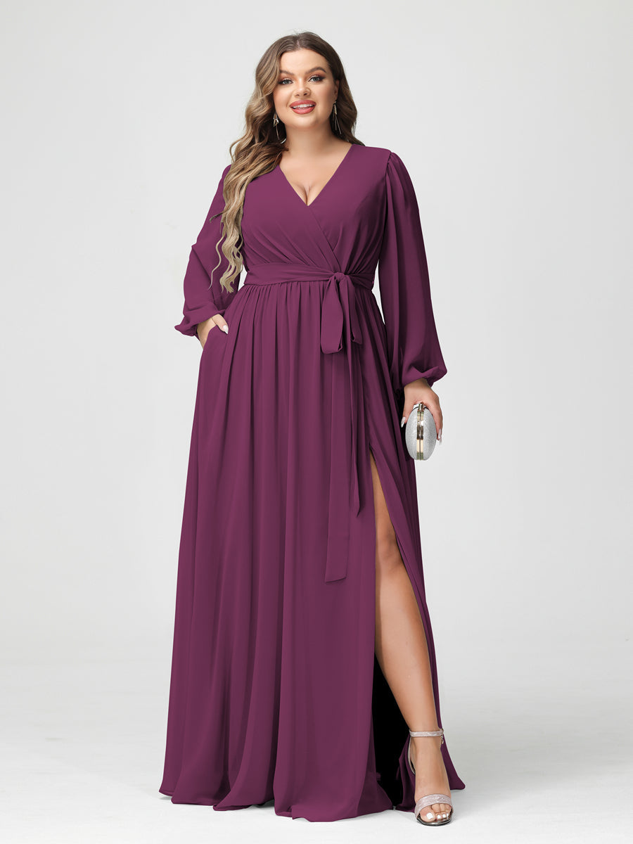 Plus Size Chiffon Bridesmaid Dresses with Pockets – A-Line/Princess V-Neck Long Sleeves