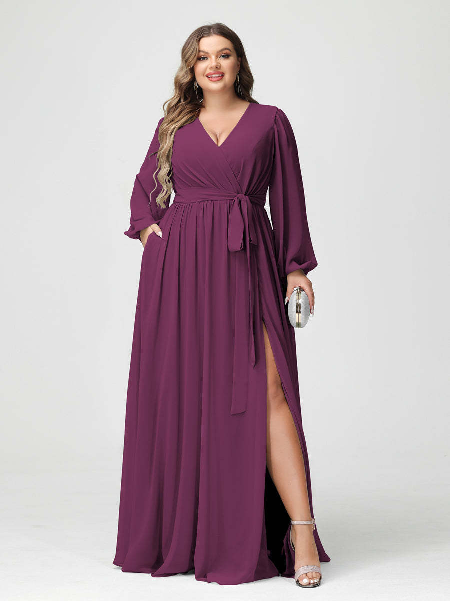 Plus Size Chiffon Bridesmaid Dresses with Pockets – A-Line/Princess V-Neck Long Sleeves