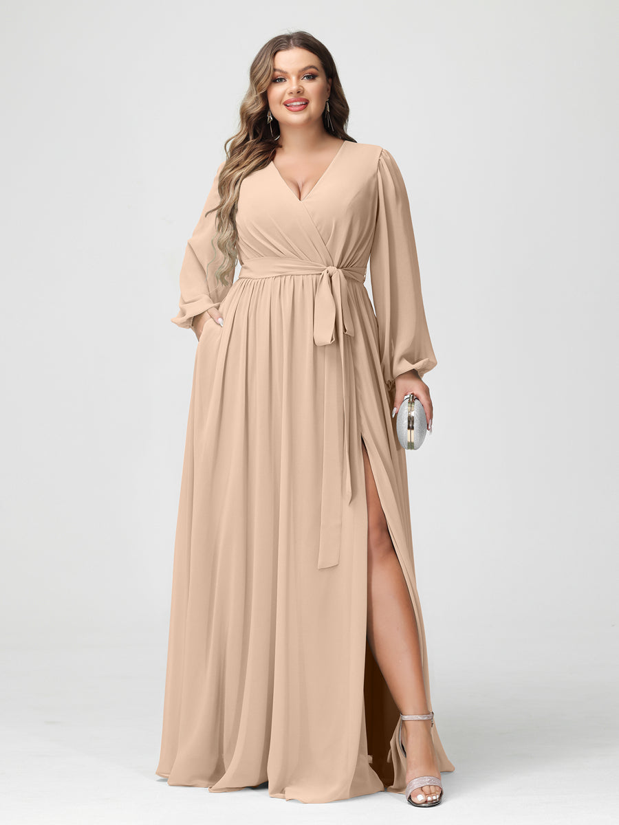 Plus Size Chiffon Bridesmaid Dresses with Pockets – A-Line/Princess V-Neck Long Sleeves