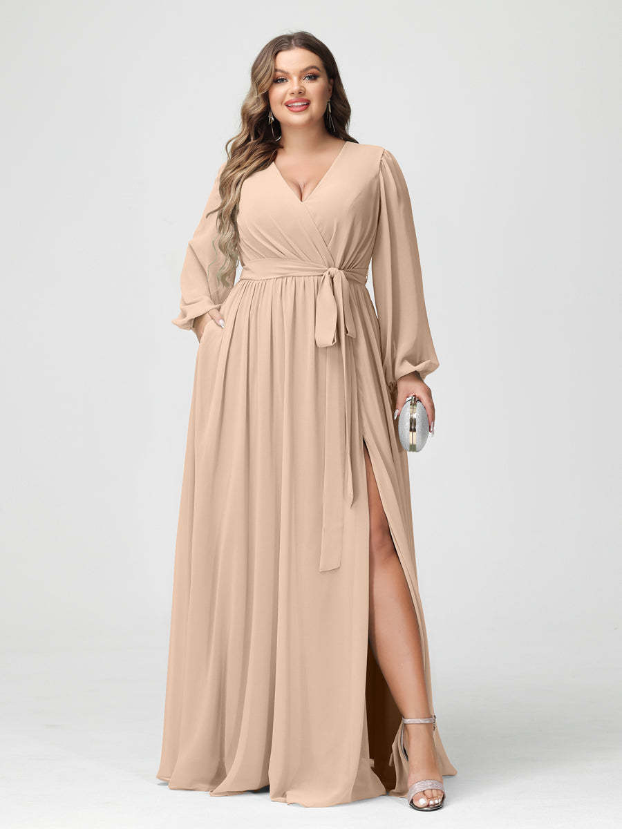 Plus Size Chiffon Bridesmaid Dresses with Pockets – A-Line/Princess V-Neck Long Sleeves