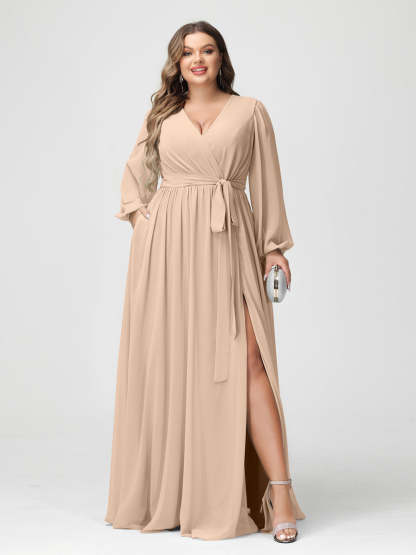 Plus Size Chiffon Bridesmaid Dresses with Pockets – A-Line/Princess V-Neck Long Sleeves