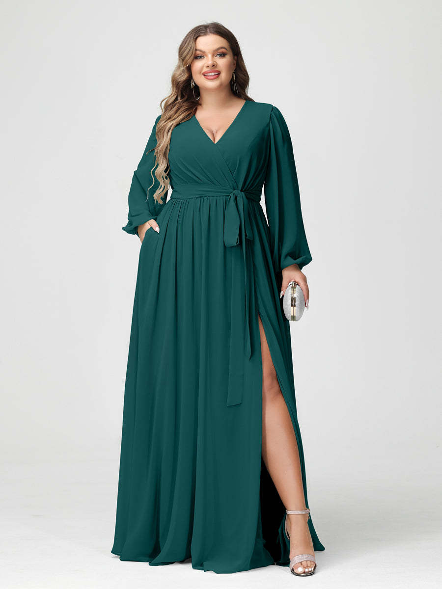 Plus Size Chiffon Bridesmaid Dresses with Pockets – A-Line/Princess V-Neck Long Sleeves
