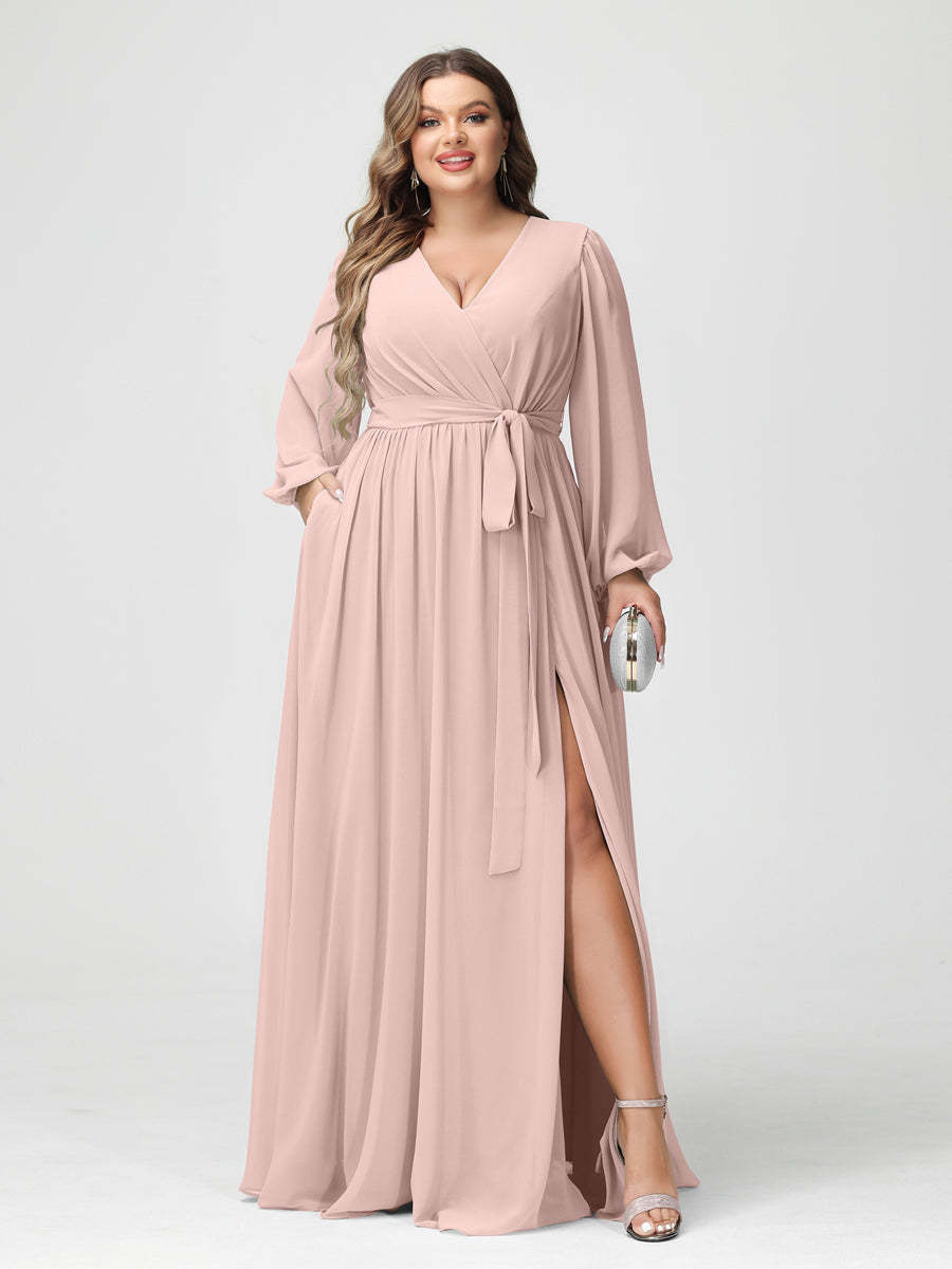 Plus Size Chiffon Bridesmaid Dresses with Pockets – A-Line/Princess V-Neck Long Sleeves