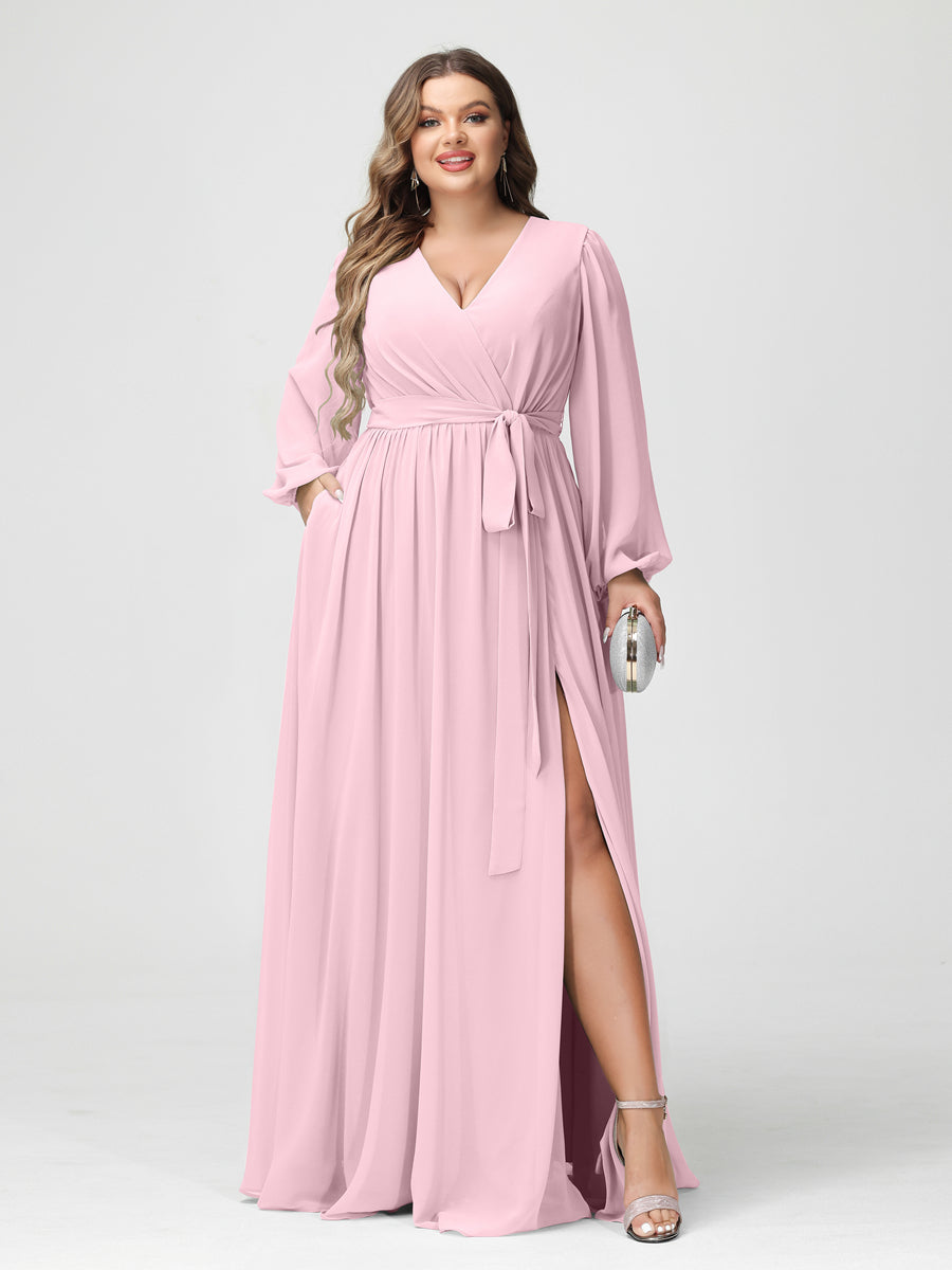 Plus Size Chiffon Bridesmaid Dresses with Pockets – A-Line/Princess V-Neck Long Sleeves