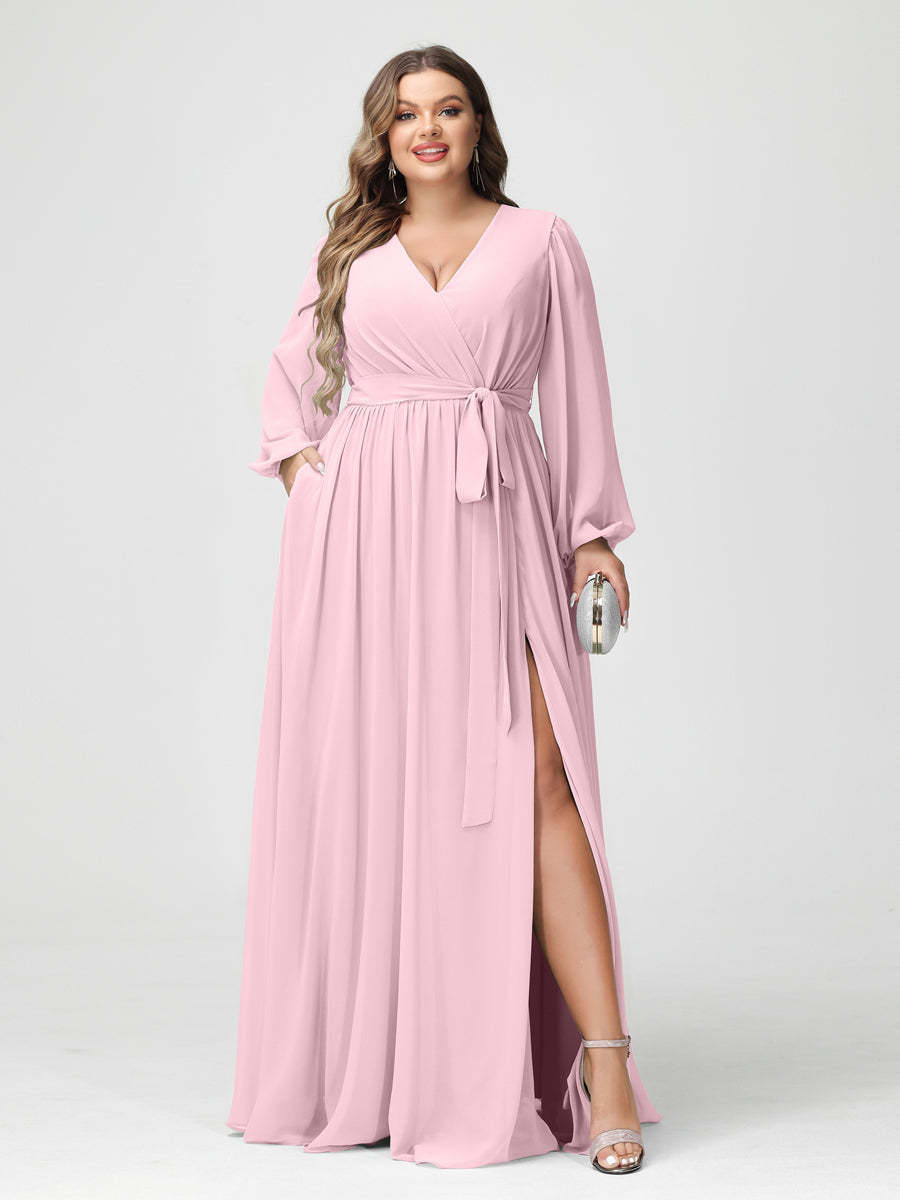 Plus Size Chiffon Bridesmaid Dresses with Pockets – A-Line/Princess V-Neck Long Sleeves